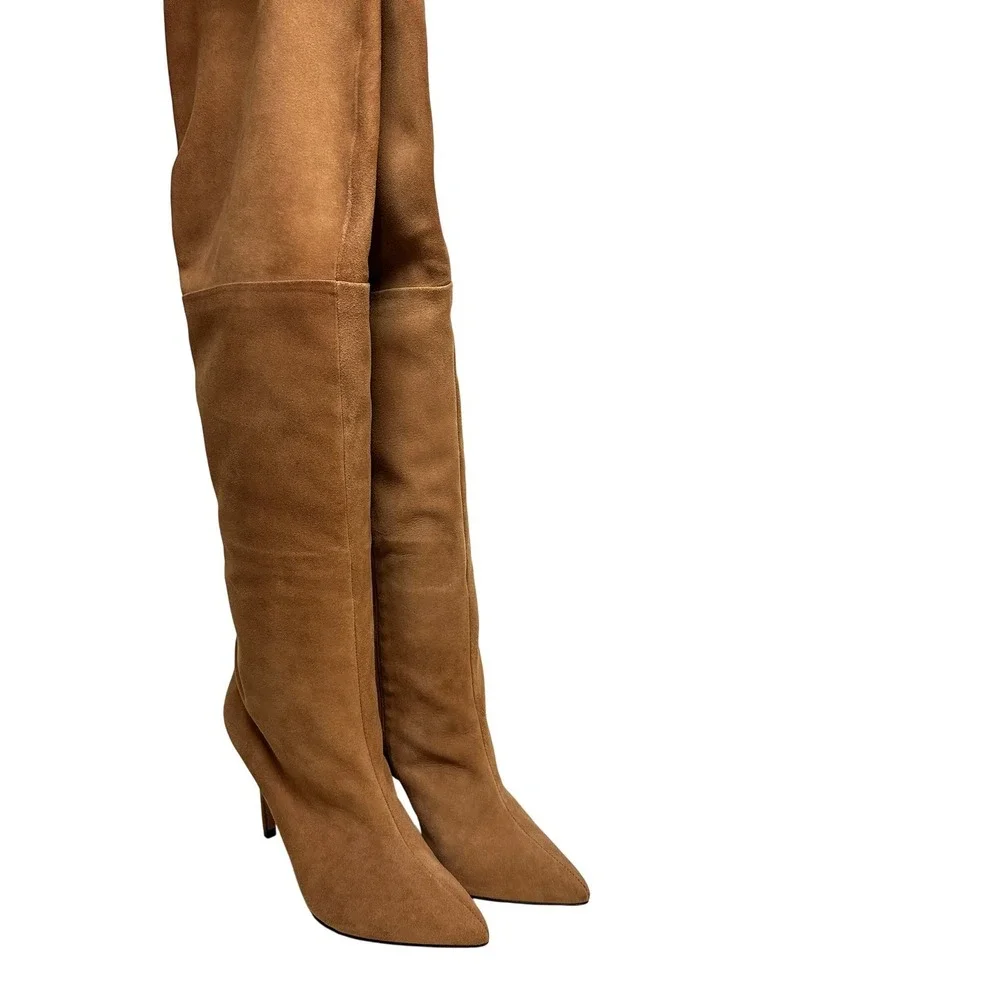 Schutz Anamaria Wood Brown Suede Pointed Toe Stiletto Heel Over The Knee Boot 7B